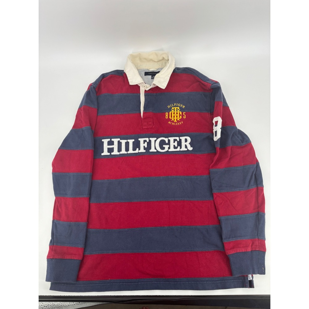 Tommy Hilfiger Mens Rugby Shirt Large Red Navy Blue Striped Long Sleeve 85 Crest